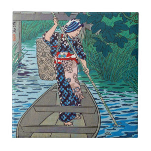 Cool oriental japanese river boat fishing woman ceramic tile