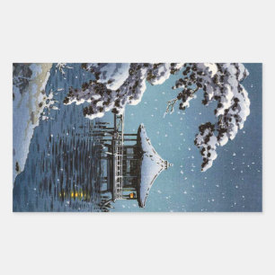 Cool oriental japanese river side winter scene art rectangular sticker