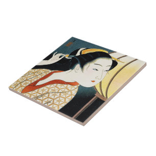 Cool oriental japanese Takane Koko geisha lady art Tile