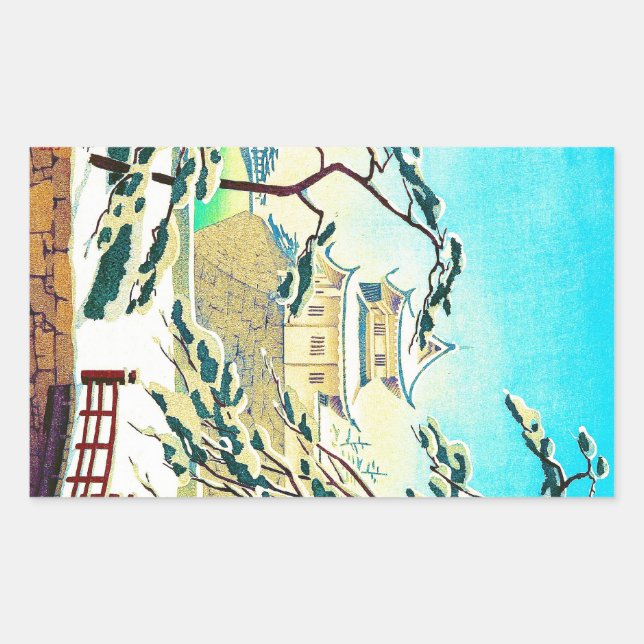Cool oriental japanese winter castle sceneart rectangular sticker (Front)