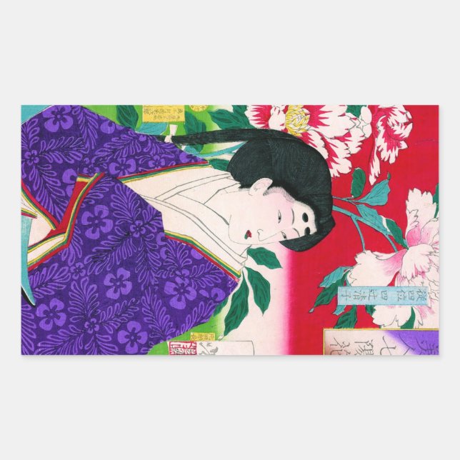 Cool oriental japanese woodprint geisha lady art rectangular sticker (Front)