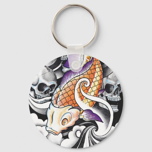Cool Oriental Koi Carp Skull tattoo Key Ring (Front)
