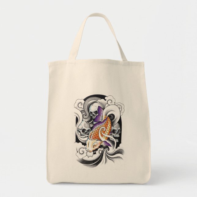 Cool Oriental Koi Carp Skull tattoo Tote Bag (Front)