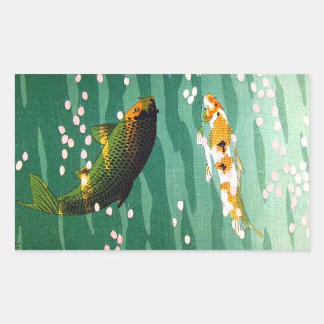 Cool oriental lucky koi fishes emerald water art rectangular sticker (Front)