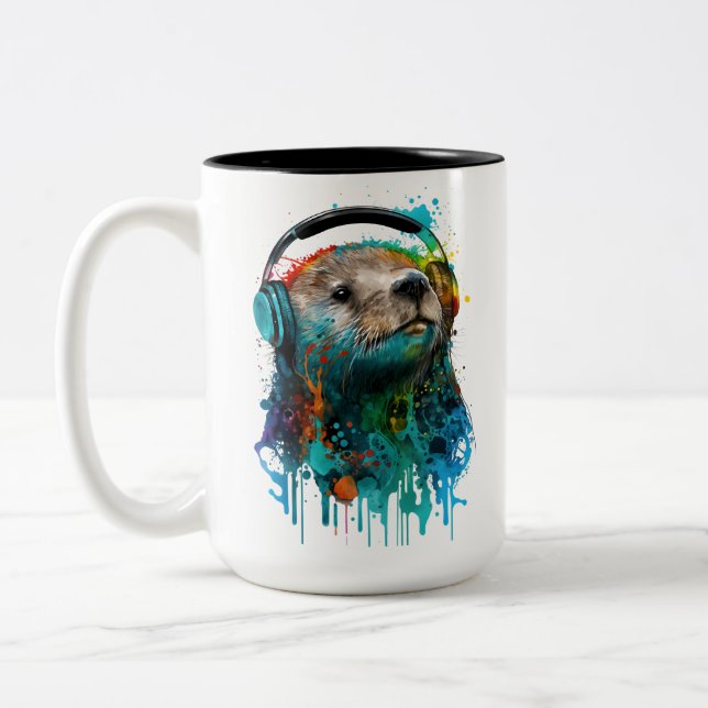 Cool Otter Coffee Mug, Wearing Headphones! Two-Tone Coffee Mug (Left)