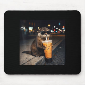 Cool otter drinking iced milk coffee for men women mouse pad