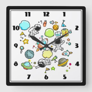 Cool Outer Space Astronauts & Rockets Pattern Square Wall Clock