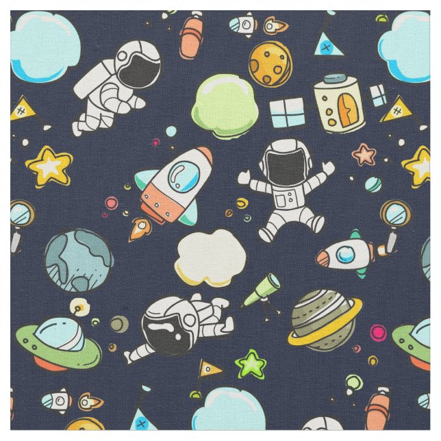Cool Outer Space Theme - Astronauts & Rocket Ships Fabric (Close Up)