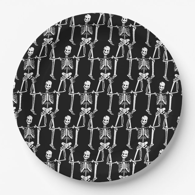 Cool Overlapping Skeletons Pattern on Black Paper Plate (Front)