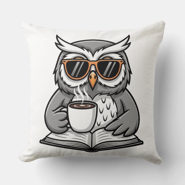 Cool Owl Reading With Coffee Cushion (Front)