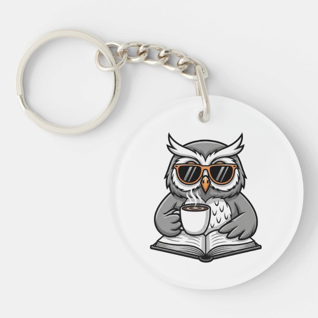 Cool Owl Reading With Coffee Key Ring (Front)