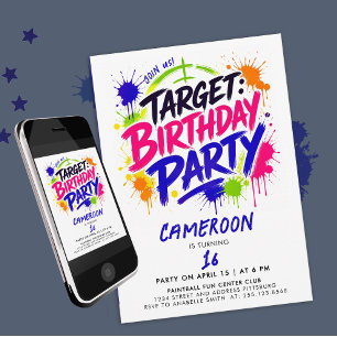 Cool Paintball Colourful Blue Splatter Target Teen Invitation