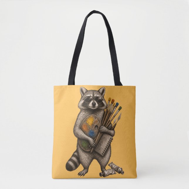 Cool Painter Racoon Illustration Tote Bag (Front)
