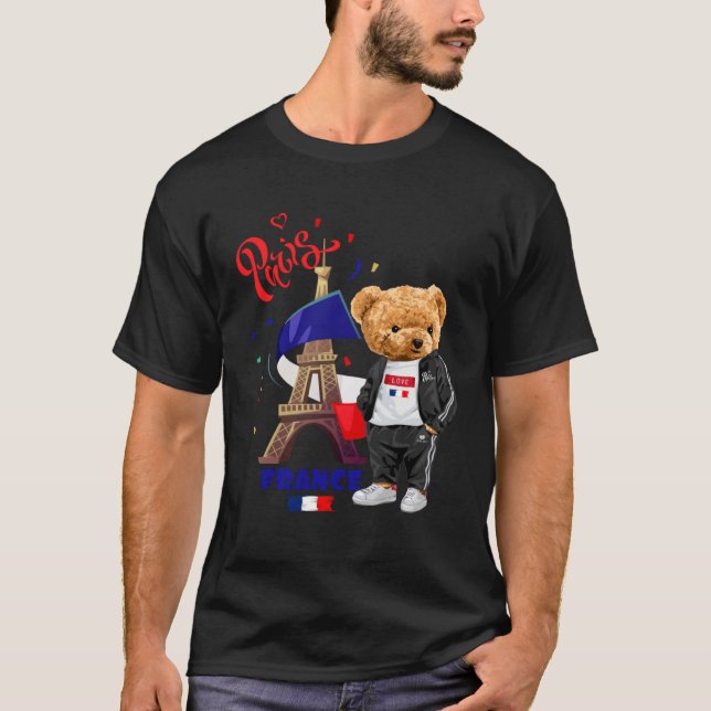 Cool Parisian Teddy Bear in Pari Eiffel Tower Outf T-Shirt (Front)