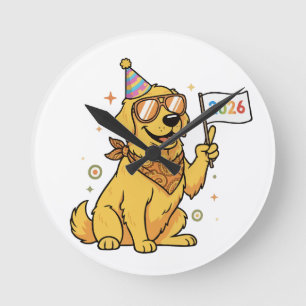 Cool Party Golden Retriever Dog   Happy New Year   Round Clock