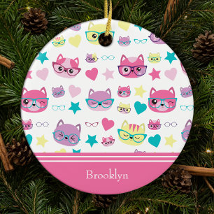 Cool Pastel Cats w Glasses Pattern, Pink Christmas Ceramic Ornament