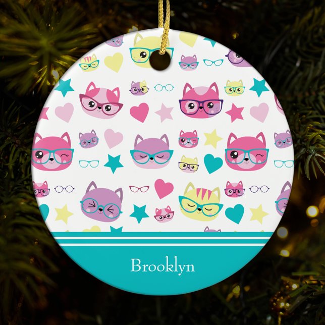 Cool Pastel Cats w Glasses Pattern, Teal Christmas Ceramic Ornament (Creator Uploaded)