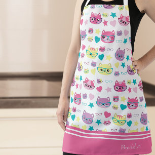 Cool Pastel Cats With Glasses Pattern, Pink Apron