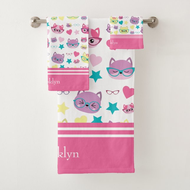 Cool Pastel Cats With Glasses Pattern, Pink Bath Towel Set (Insitu)