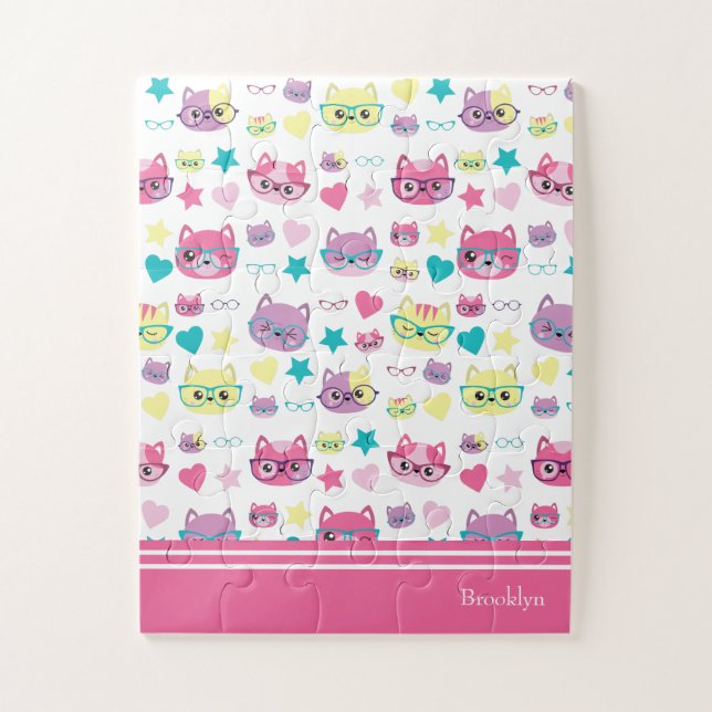 Cool Pastel Cats With Glasses Pattern, Pink Jigsaw Puzzle (Vertical)