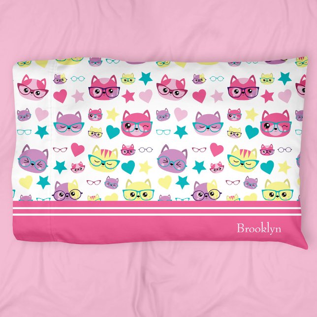 Cool Pastel Cats With Glasses Pattern, Pink Pillowcase (Creator Uploaded)