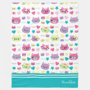 Cool Pastel Cats With Glasses Pattern, Teal Fleece Blanket