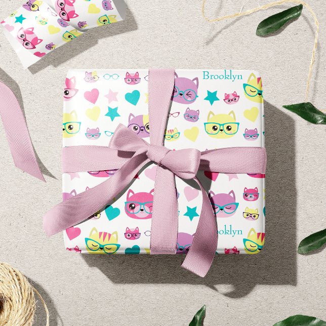 Cool Pastel Cats With Glasses Pattern Wrapping Paper (Creator Uploaded)