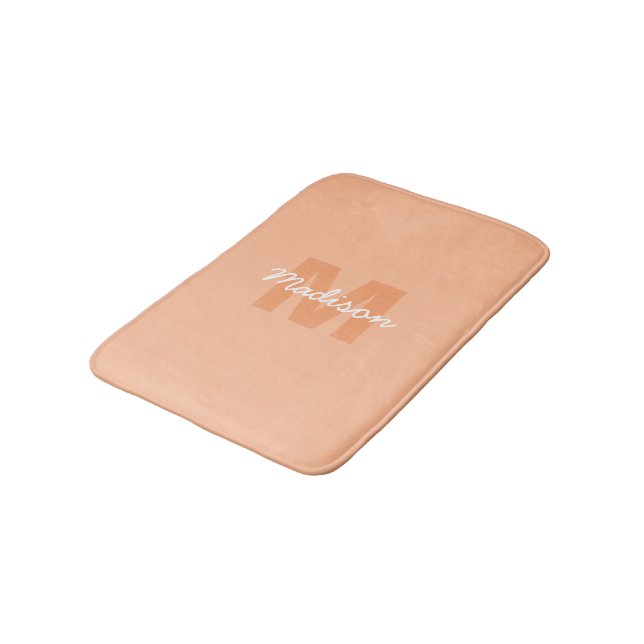 Cool pastel peach colour with Custom Monogram name Bath Mat (Angled)