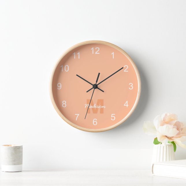 Cool pastel peach colour with Custom Monogram name Clock (Home)