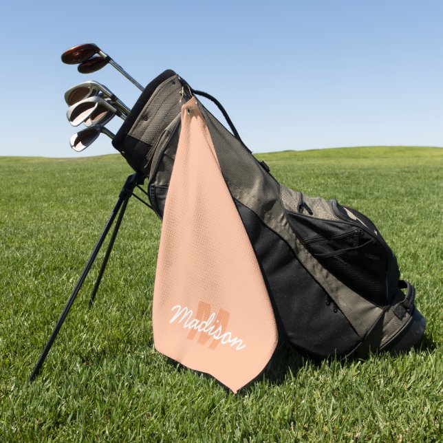 Cool pastel peach colour with Custom Monogram name Golf Towel (Green)