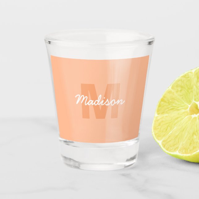 Cool pastel peach colour with Custom Monogram name Shot Glass (Front)