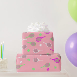 Cool Pastel Pink Retro Tennis Racquets Pattern Wrapping Paper