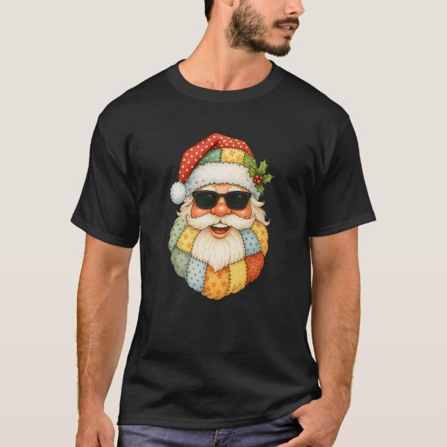 Cool Patchwork Christmas Santa Claus Face with Sun T-Shirt (Front)