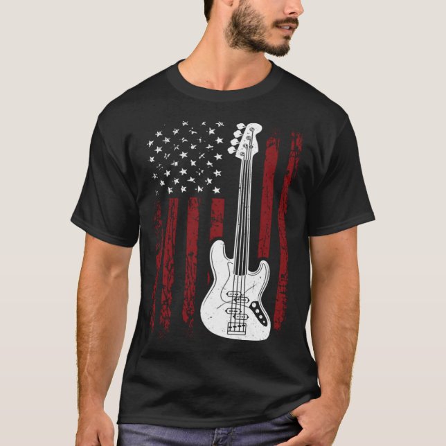 Cool Patriotic American Flag Bass Guitarist Guitar T-Shirt (Front)