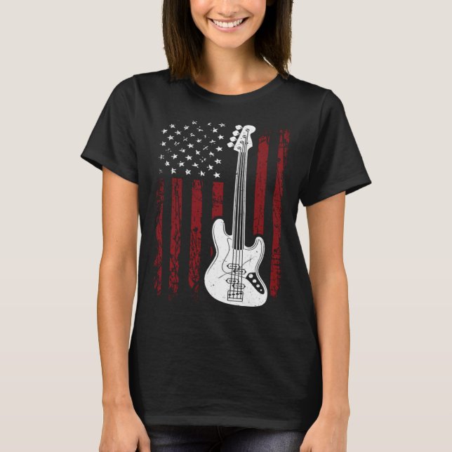 Cool Patriotic American Flag Bass Guitarist Guitar T-Shirt (Front)