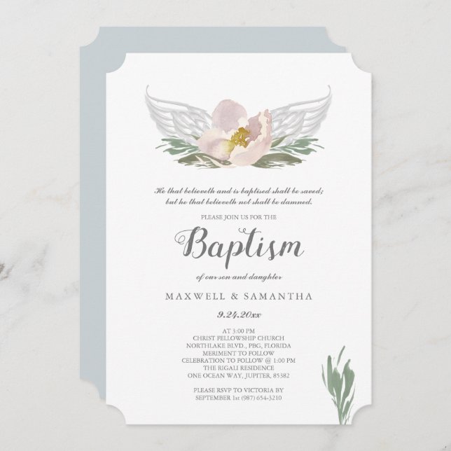 Cool Peach Watercolor Florals Angel Wings Baptism Invitation (Front/Back)