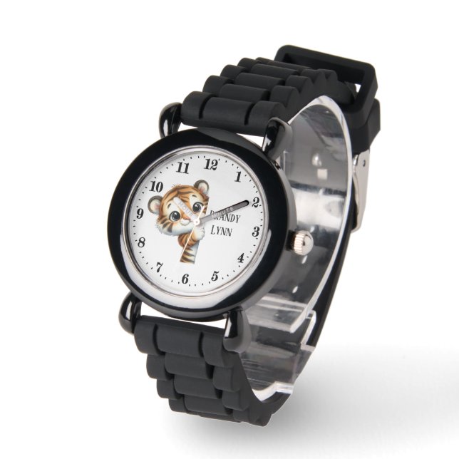 Cool peeking tiger unisex kids add name watch (Angle)