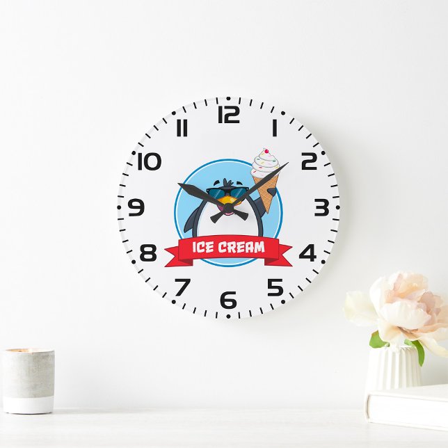 Cool Penguin Holding Ice Cream Large Clock (Creator Uploaded)