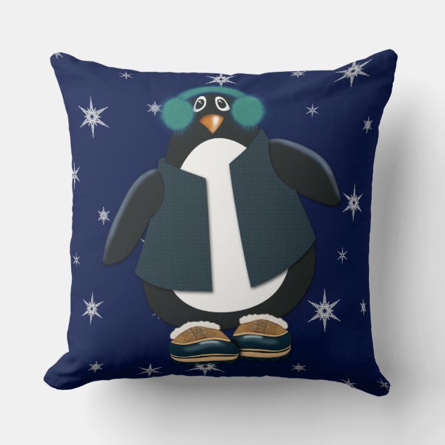 Cool Penguin | Night Sky Snowflakes Cushion (Front)