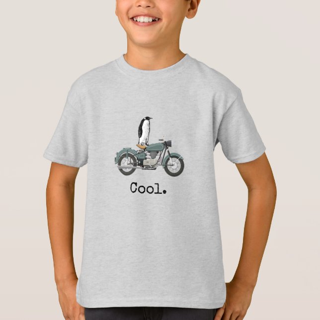 "Cool" Penguin on a motorcycle, boy's T-Shirt (Front)