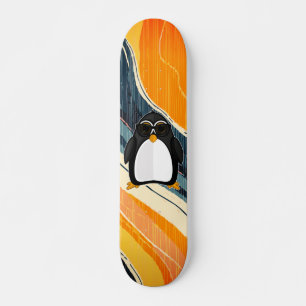 Cool Penguin With Sunglasses Blue and Orange Paint Skateboard