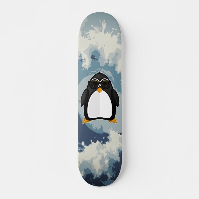 Cool Penguin With Sunglasses Blue Ocean Wave  Skateboard (Front)
