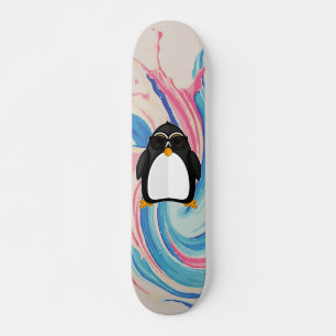 Cool Penguin With Sunglasses Pink and Blue Paint Skateboard