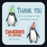 Cool Penguins celebrate kid's birthday thank you Square Sticker<br><div class="desc">These penguin stickers are perfect to add to party favours. Personalised with the birthday name and date,  they double as a charming reminder of the special day. Complete the party theme by checking out our 'Cool Penguins Celebrate' collection</div>