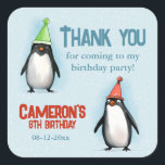 Cool Penguins celebrate kid's birthday thank you Square Sticker<br><div class="desc">These penguin stickers are perfect to add to party favours. Personalised with the birthday name and date,  they double as a charming reminder of the special day. Complete the party theme by checking out our 'Cool Penguins Celebrate' collection</div>