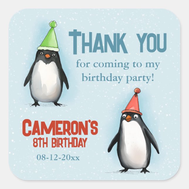 Cool Penguins celebrate kid's birthday thank you Square Sticker (Front)