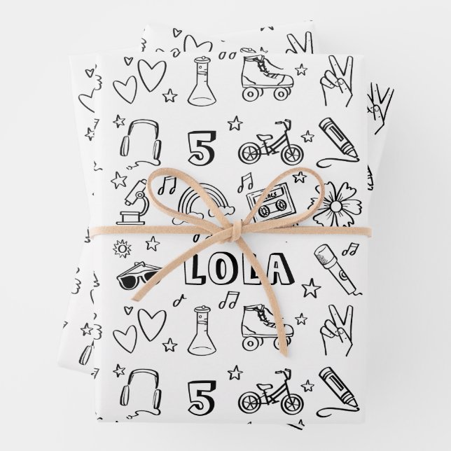 Cool Personalised Kids Colouring Birthday Musical Wrapping Paper Sheet (In situ)