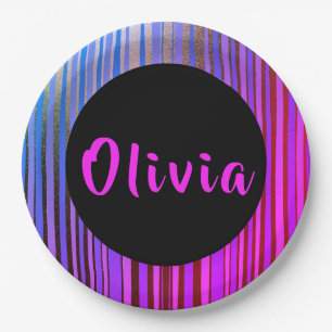 Cool Personalized Name Neon Birthday Party Paper Plate