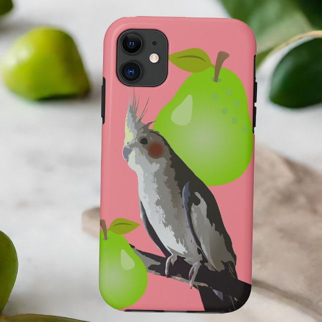 Cool Pet Cockatiel Bird, Pear Fruit Pink Green Case-Mate iPhone Case (Cockatiel pet bird mobile phone case pink with green pears)