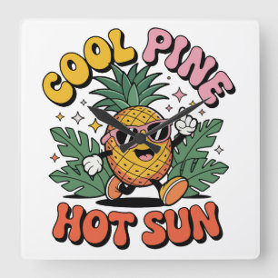 Cool Pine Hot Sun Retro Pineapple Summer Vibes Square Wall Clock